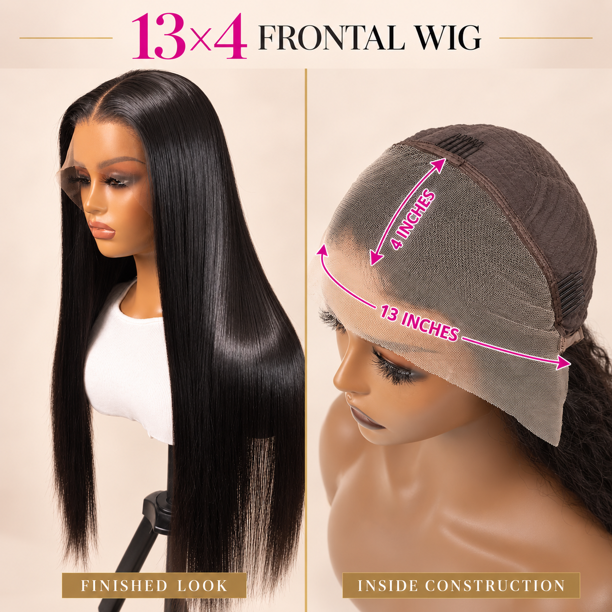 Finished 13×4 frontal wig beside its 13-inch by 4-inch HD lace cap construction