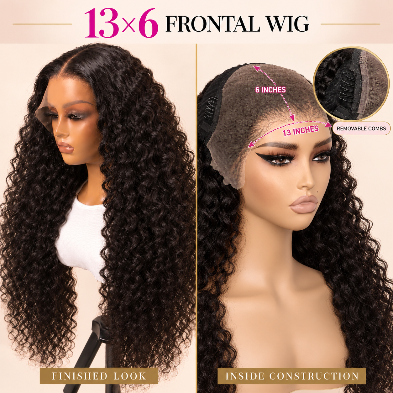 Two-in-one view of a full curly 13×6 frontal wig and its construction showing 13-inch lace width, 6-inch parting depth, and removable combs