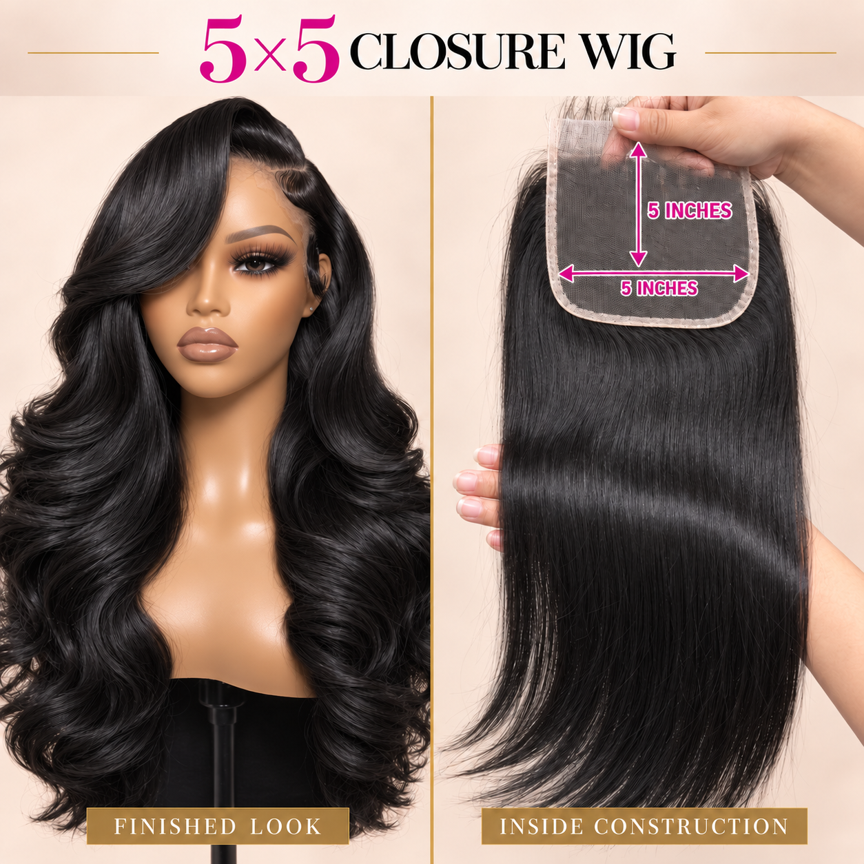 Two-in-one view of a finished black 5×5 closure wig and its compact 5-inch by 5-inch HD lace construction